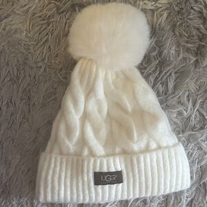 UGG Kids Cream Cable Knit Beanie with Pom-Pom